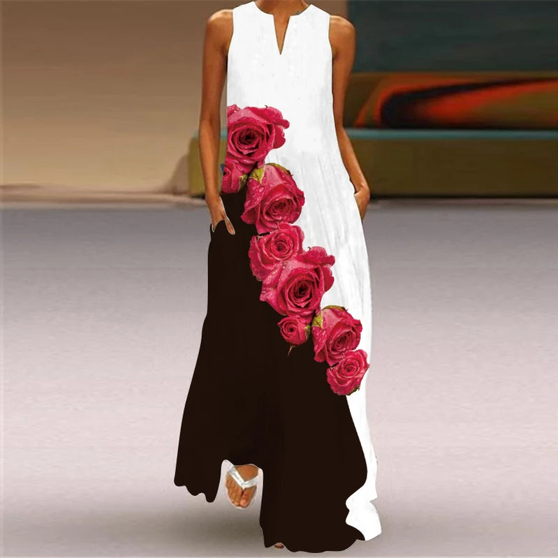 Vestido longo feminino elegante com decote em V, estampa floral fresca, sem mangas, solto, reto, praia, férias, vestido longo