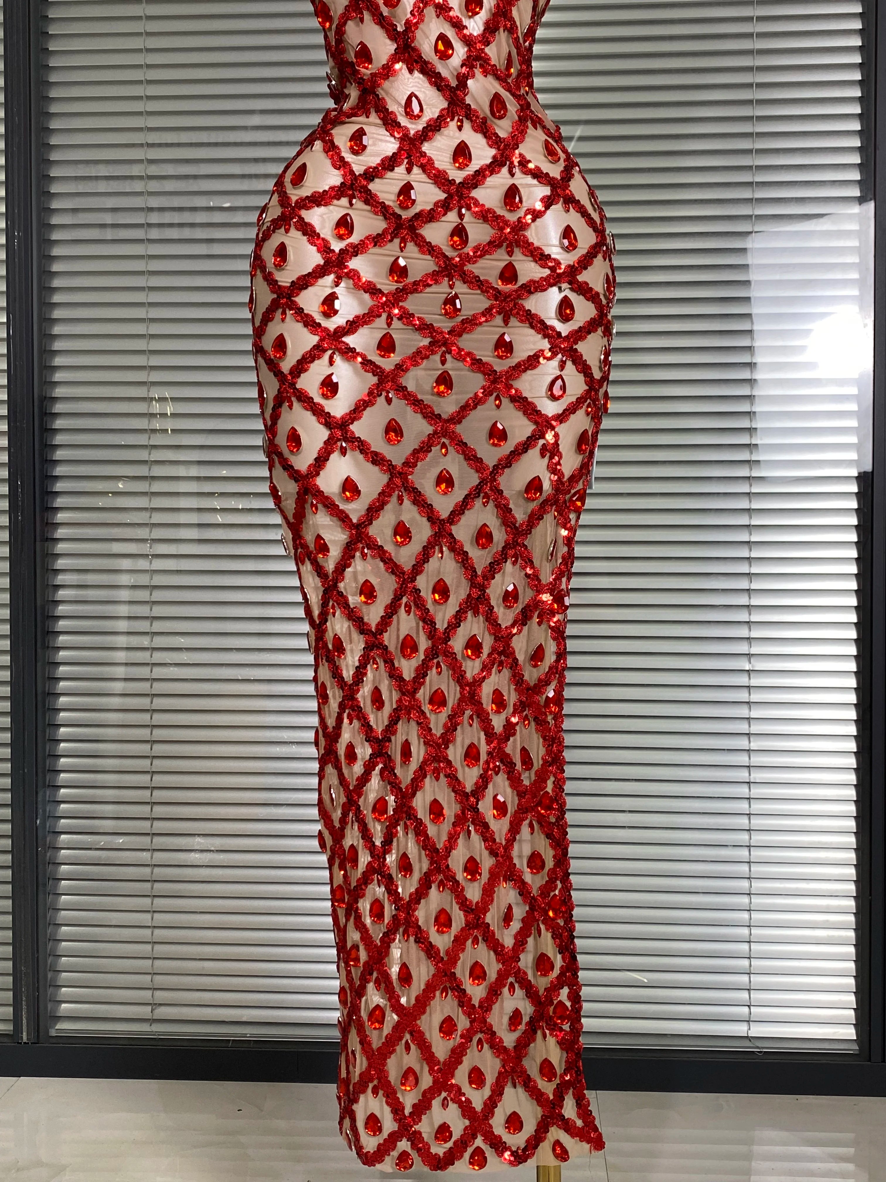 New Women Sexy One Shoulder See Through Crystal Diamonds Long Dress Birthday Party Costume Bar Singer Stage Performance Dress