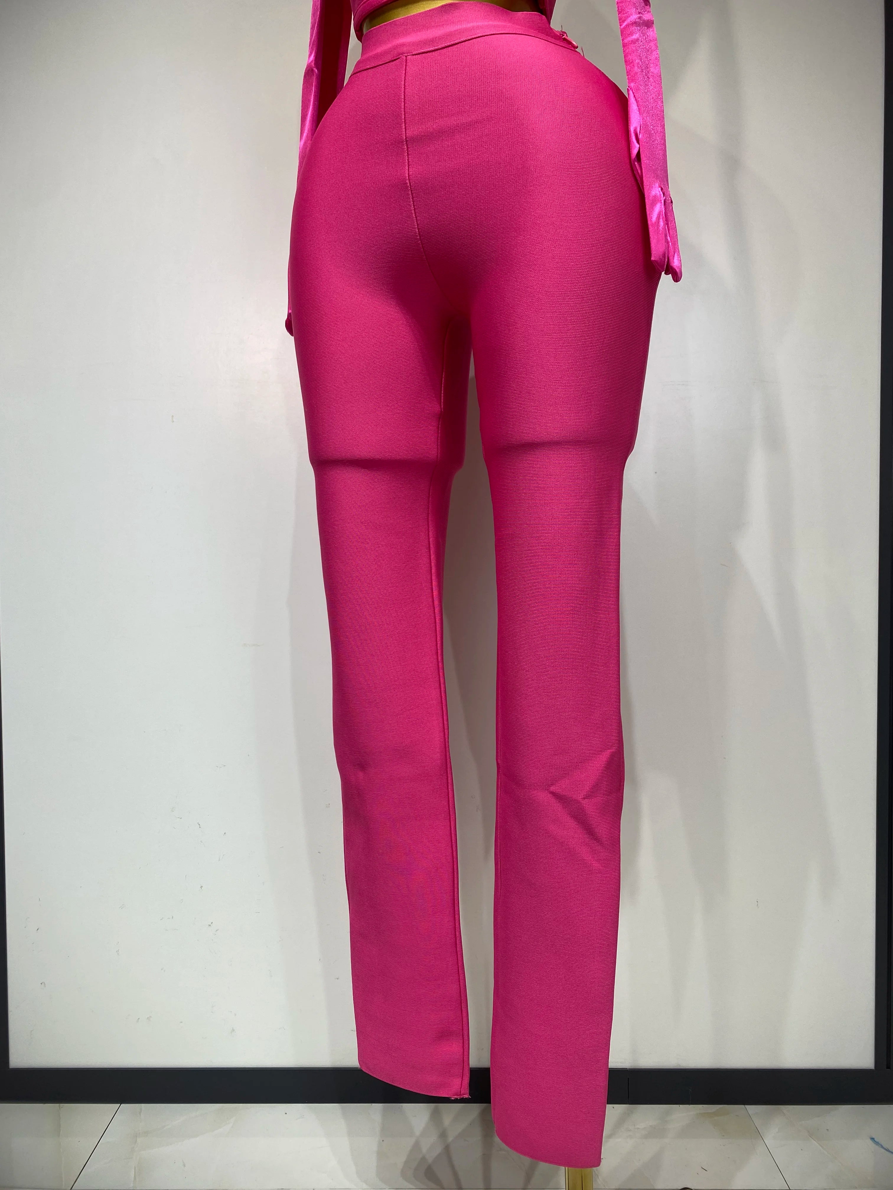 Women Sexy Strapless Backless Hot Pink Glove Pants Bandage Three Piece Suit Celebrity Designer Fashion High Street Pant Suits