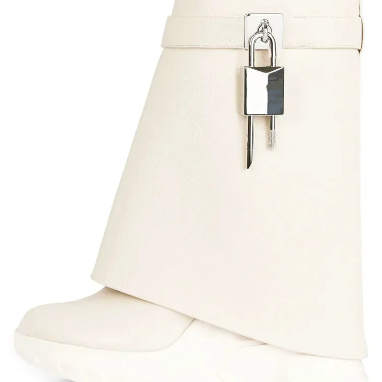 New Fashion Brand Thick Soled Leather Short Boots Round Head Lock Lock Shark Boots Women's Slope Heel High Heel Women's Boots 9083-Off white pu