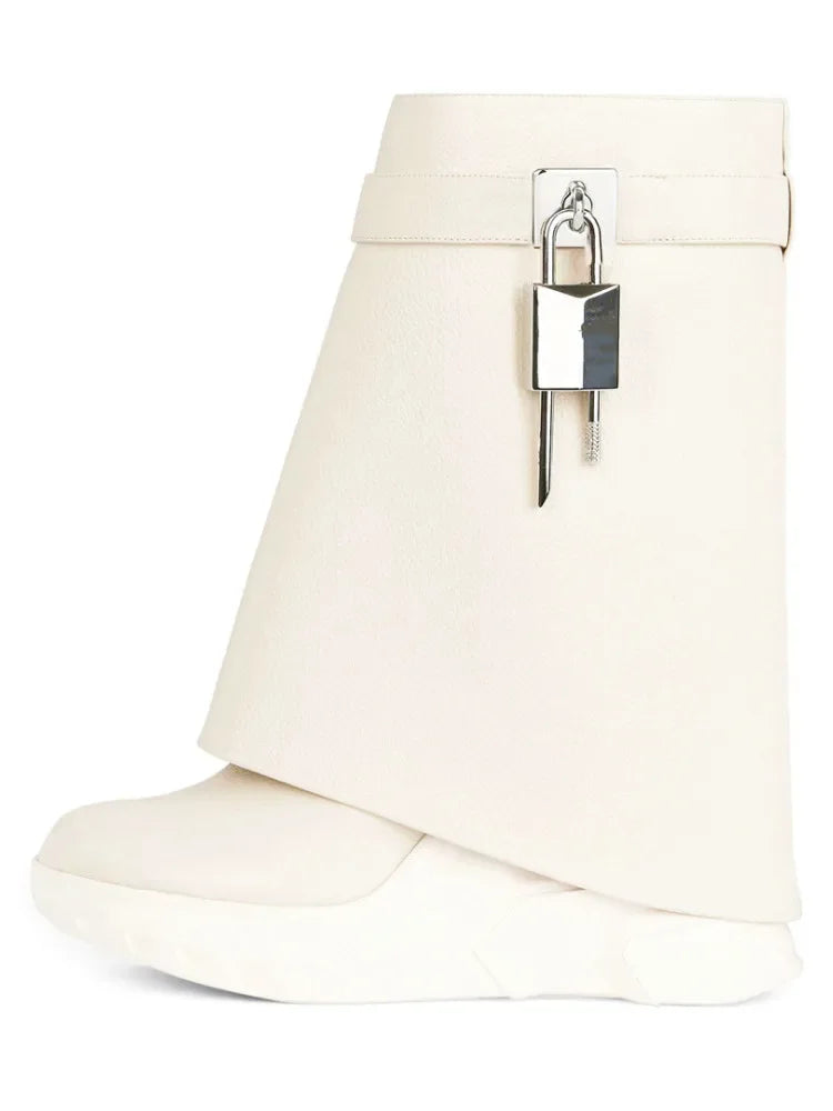 New Fashion Brand Thick Soled Leather Short Boots Round Head Lock Lock Shark Boots Women's Slope Heel High Heel Women's Boots 9083-Off white pu