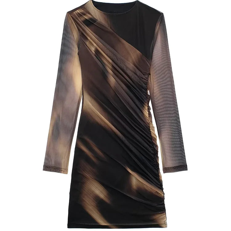 Fashion Women Sexy Mini Dresses O-neck Bodycorn Long Sleeve Pleated Mesh Print Vestidos Female Streetwear Mini Dress