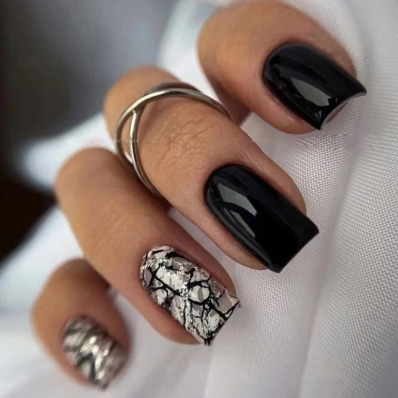 24Pcs Fashion Fake Nails Press on Short Square Head False Nail Art Black Starlit Sky Design Artifical Full Cover Nail Tips