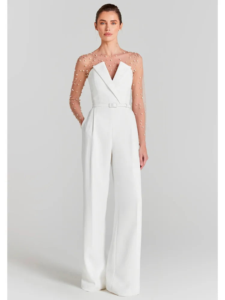 Conjunto feminino de verão luxuoso, sexy, manga comprida, branco pérola, bodycon, macacão, designer de celebridades, macacão de rua