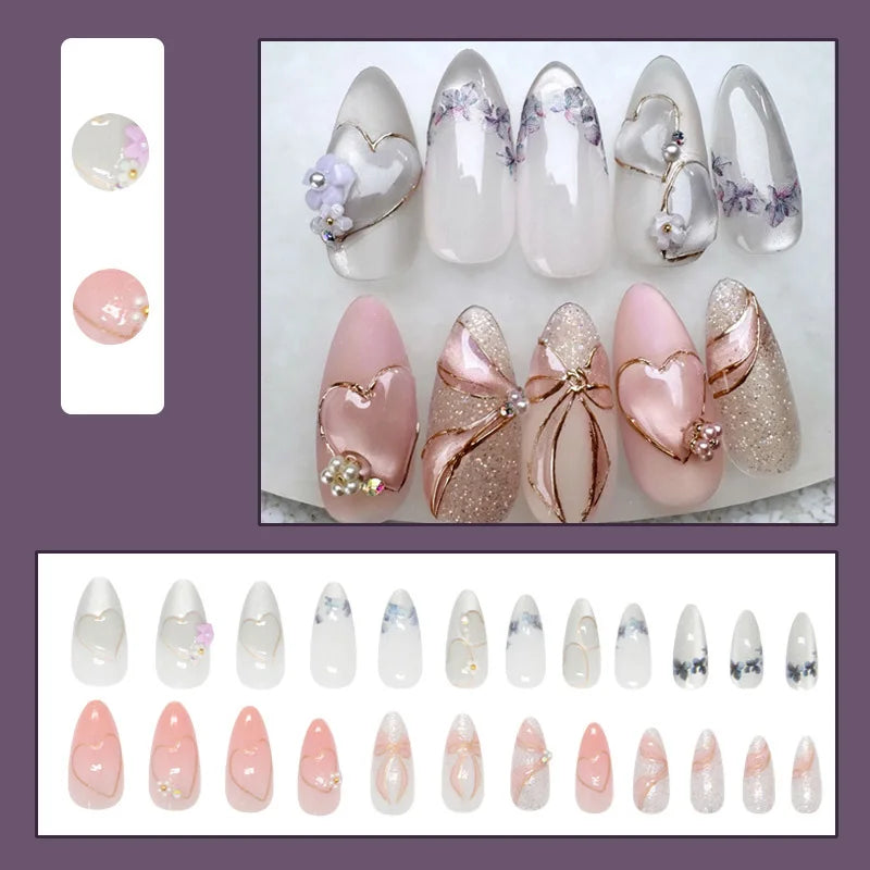 24pcs/30pcs/set Medium long 3D fake nails flowers golden foil bow rhinestones pink white summer nail tips press on false nails
