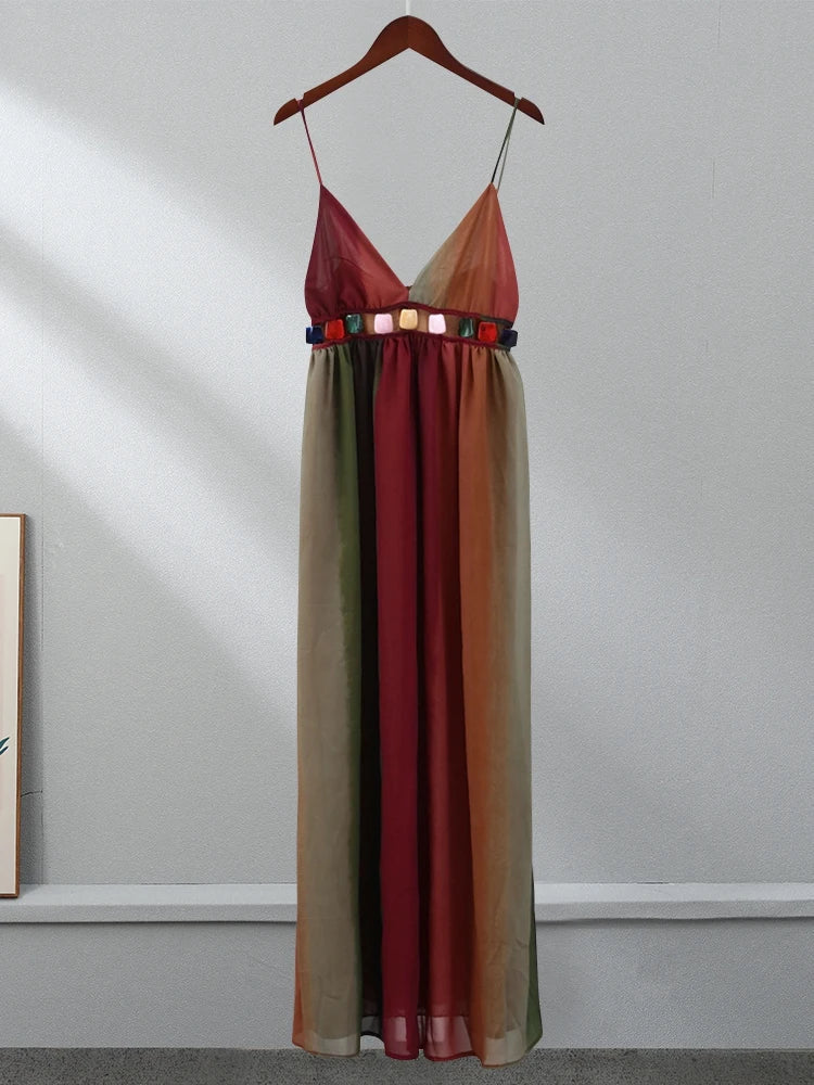 Sexy Backless Slip Long Chiffon Beach Sling Dress For Women Summer Vacation Contrasting V Neck Holiday Beachwear Dresses