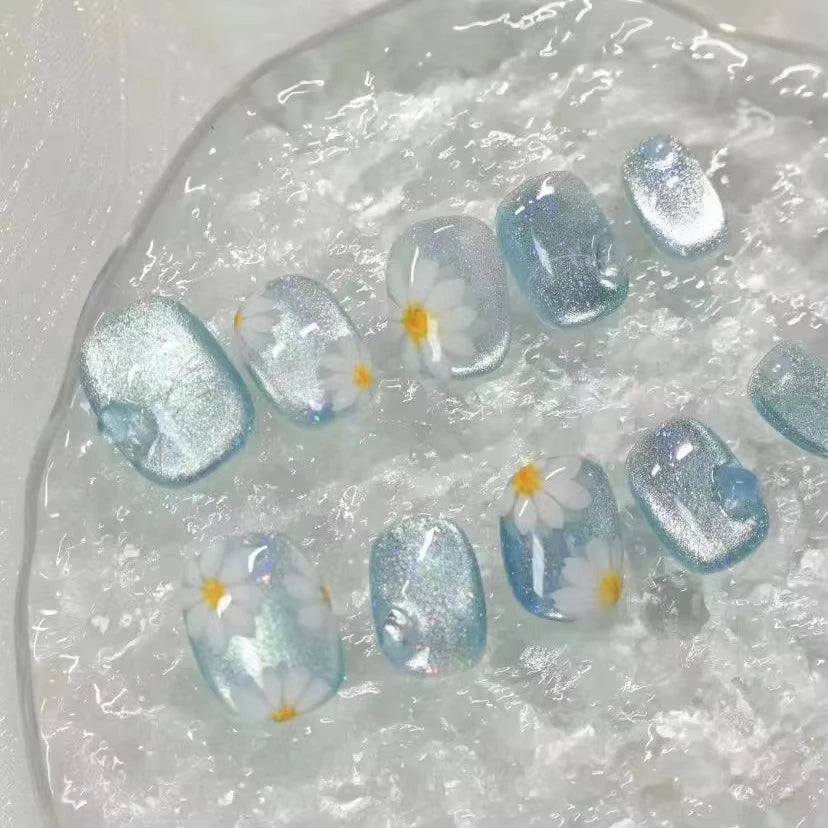 10pcs Handmade Press on Nail Ice Blue Ocean Star Ice-transparent Texture False Nail for Women&Girl Short Oval Wearable Nail