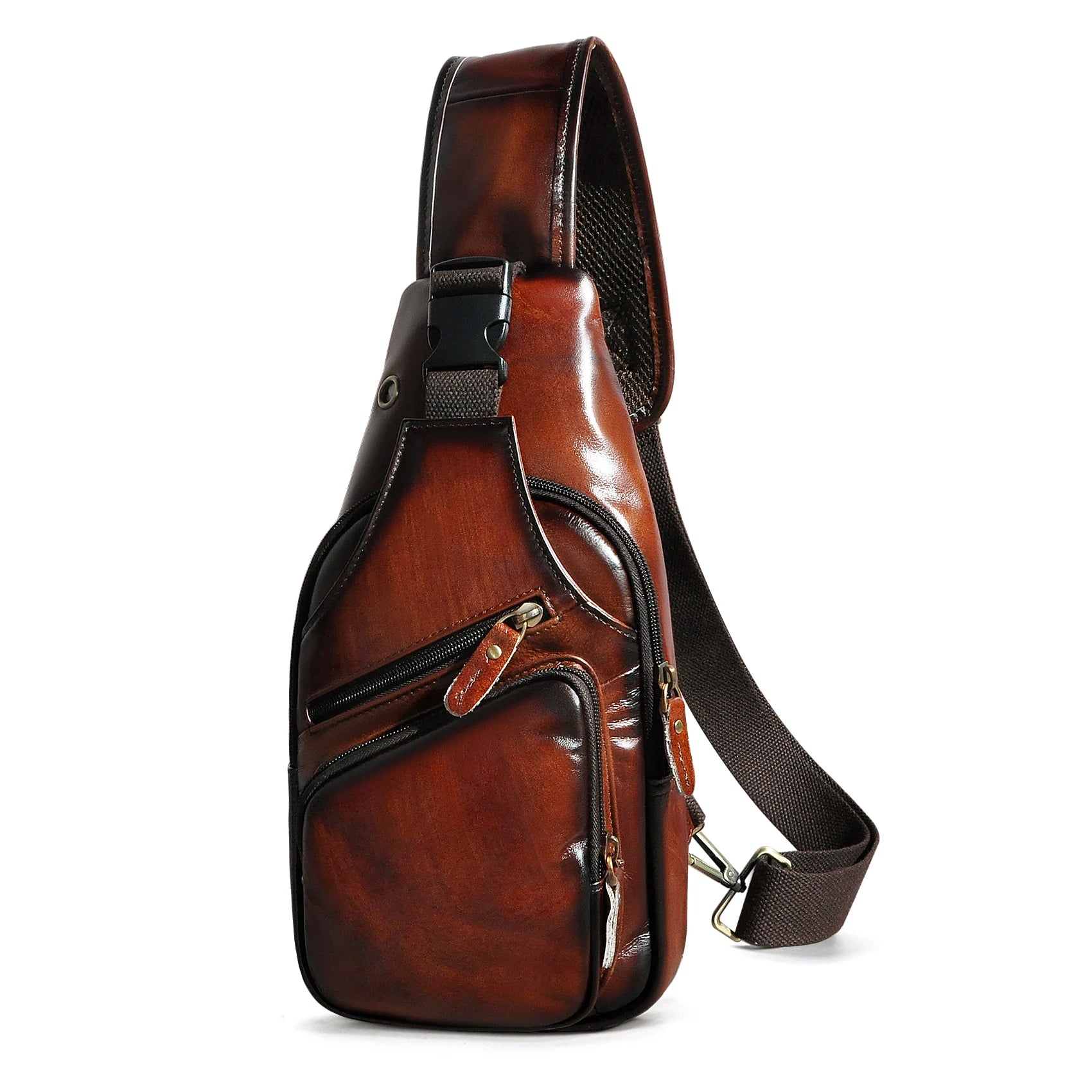 Men Original Crazy horse Leather Casual Triangle Crossbody Chest Sling Bag Design Travel One Shoulder Bag Daypack Male 8015 burgundy