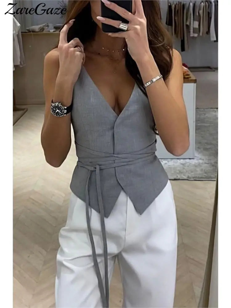 Elegant Chic Lace-up V-neck Women Vest Solid Slim Sleeveless Tops Female Spring Summer Fashion Sexy Lady Streetwear