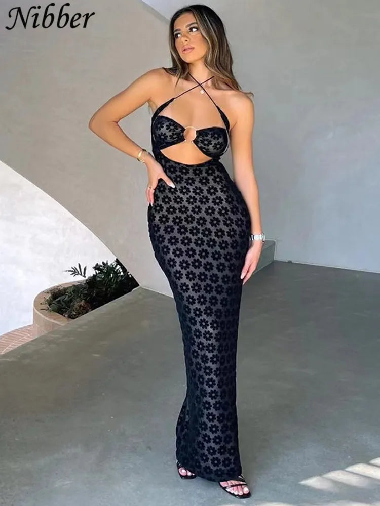 Nibber Solid Color Hanging Neck Maxi Dress Sexy Hollow Women Perspective Bag Hips Robe Female Street Trendy Dresses Clothing black