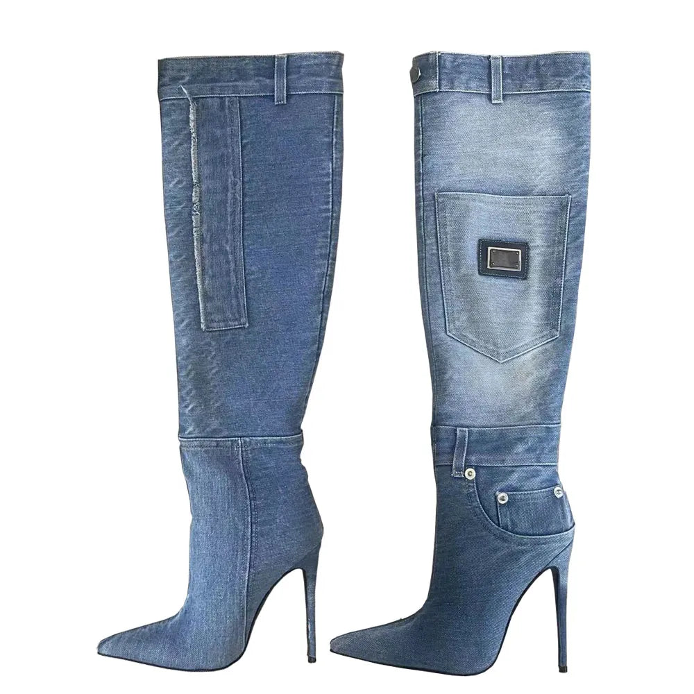 YJXKJY Women Worn Washed Cloth Over The Knee Boots Sexy Ladies Dilapidated Blue Denim Pocket Pointed Toe High Heels Party Shoes Blue Long A
