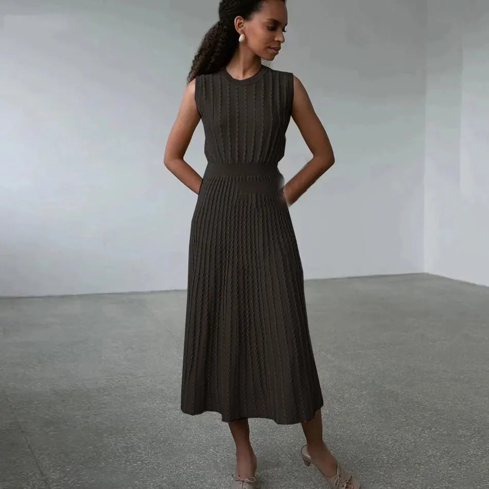 2024 New Listing Elegant Striped Knit Dress Women O-neck Sleeveless A-line Dresses Club Evening Party Midi Vestido