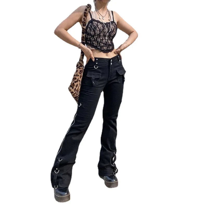 European and American Cool Low-waist Zipper Straight Slim Jeans Autumn Trousers Flare Jeans Cargo Pants Women