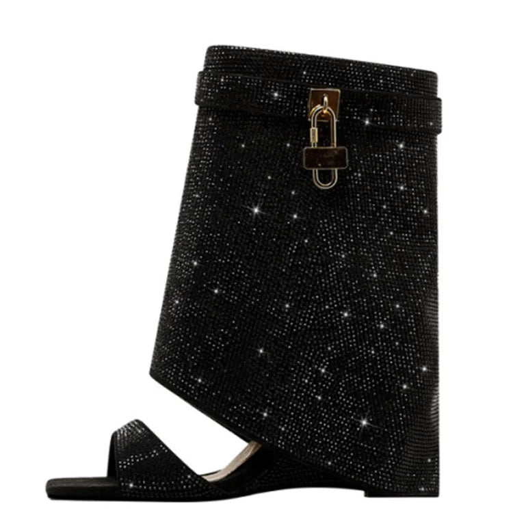 Summer New Rhinestone Cool Boots Fashion Square Head Side Zipper Open-toe Women's Short Boots Fashion Show Sexy Leg Boots black 1