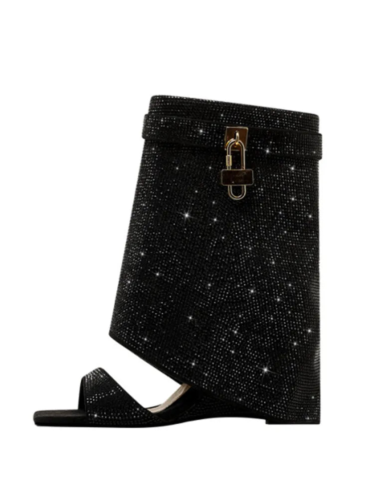 Summer New Rhinestone Cool Boots Fashion Square Head Side Zipper Open-toe Women's Short Boots Fashion Show Sexy Leg Boots black 1