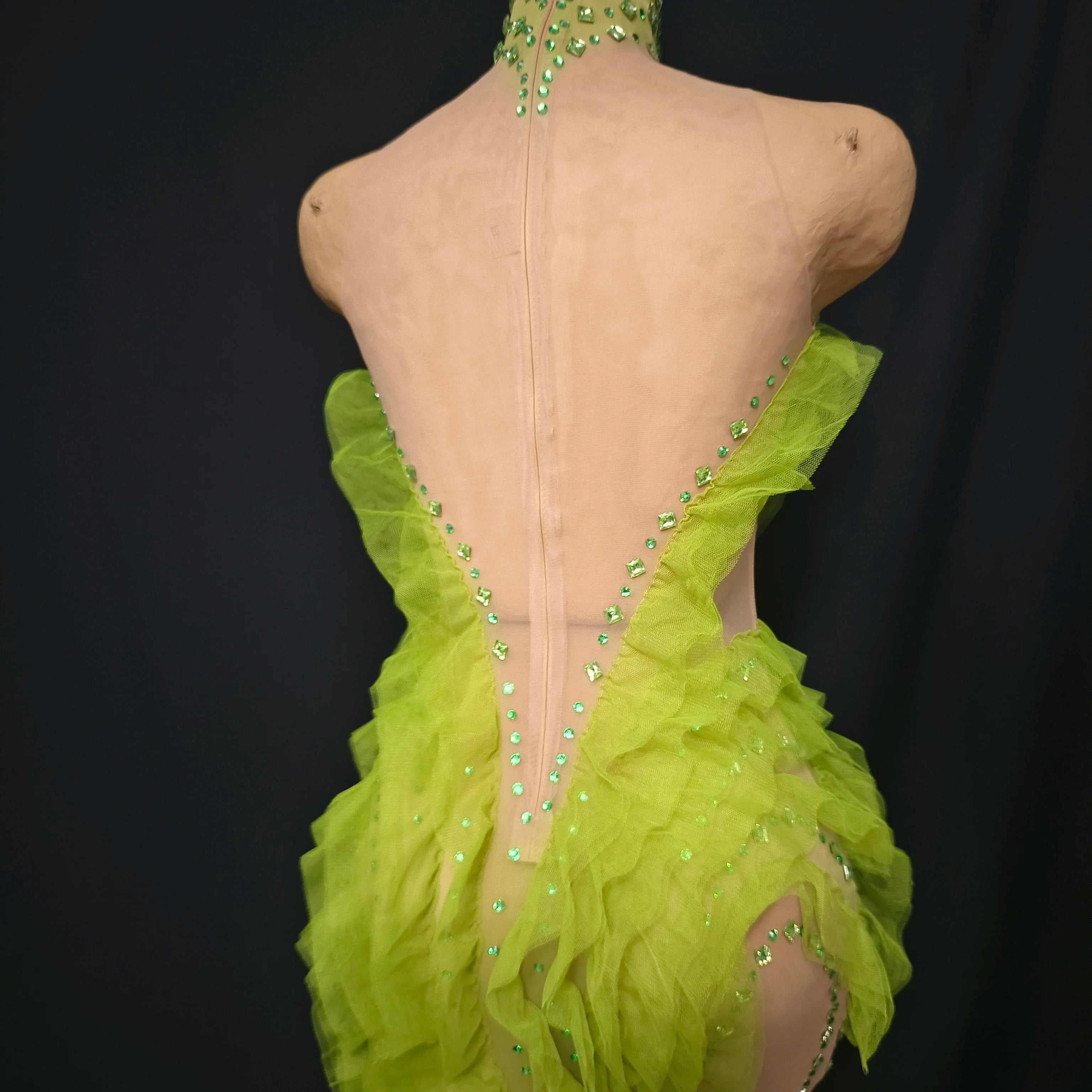 Women Sexy Mesh Crystal Fancy Maxi Dress See Through Neon Green Party Singer Party Costume Stage Performance Dress