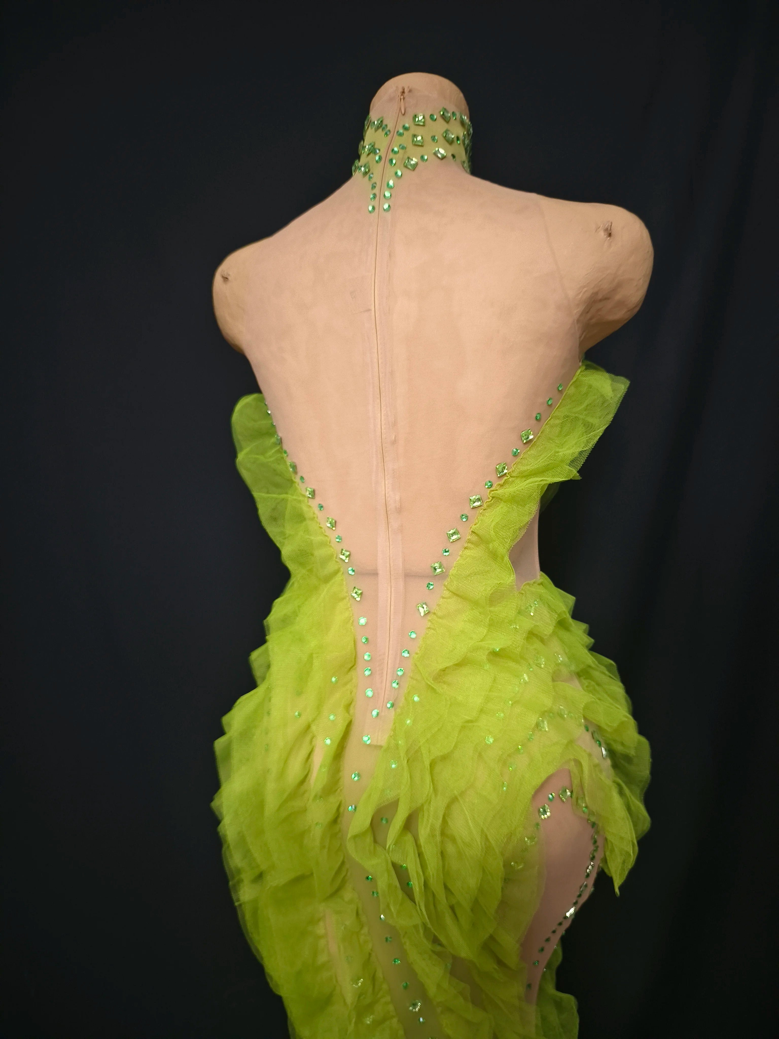 Women Sexy Mesh Crystal Fancy Maxi Dress See Through Neon Green Party Singer Party Costume Stage Performance Dress