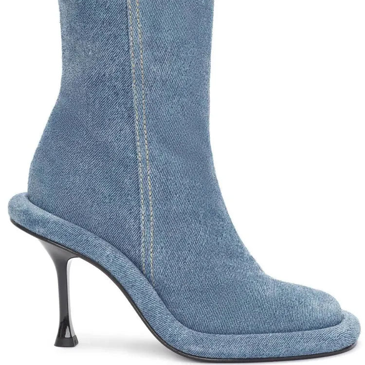 Spring and Autumn Women's New Slender High Heel Denim Short Boots Round Head Side Zipper Fashion Women's Ankle Boots 296 Blue