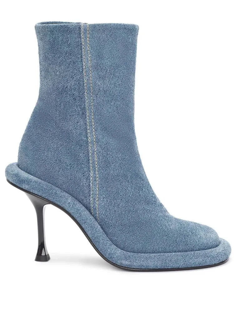 Spring and Autumn Women's New Slender High Heel Denim Short Boots Round Head Side Zipper Fashion Women's Ankle Boots 296 Blue