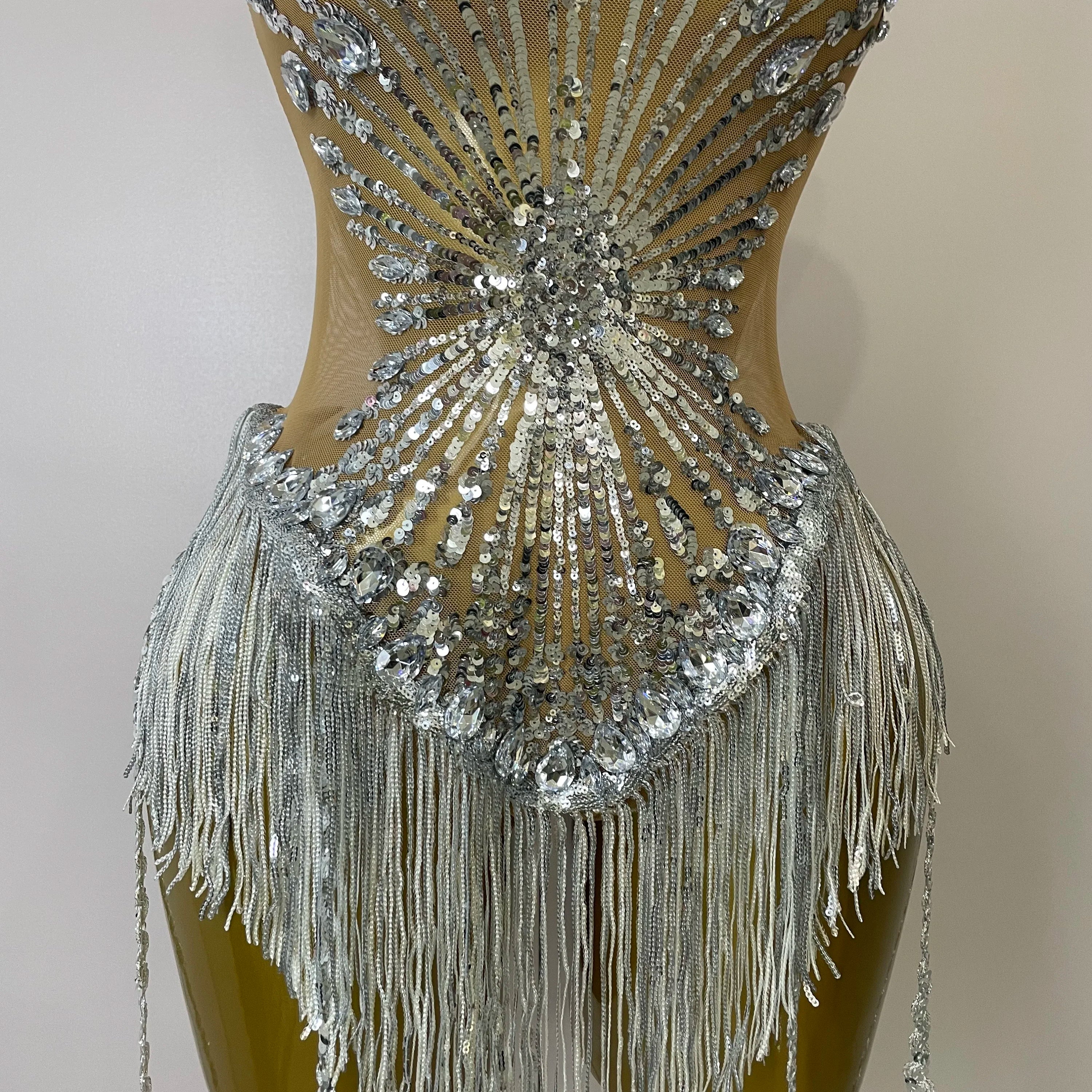 STOCK Sliver Sequins Shining Diamonds Sexy Mesh Long Tassel Bodysuit Women Nightclub Party Birthday Stage Performance Costume
