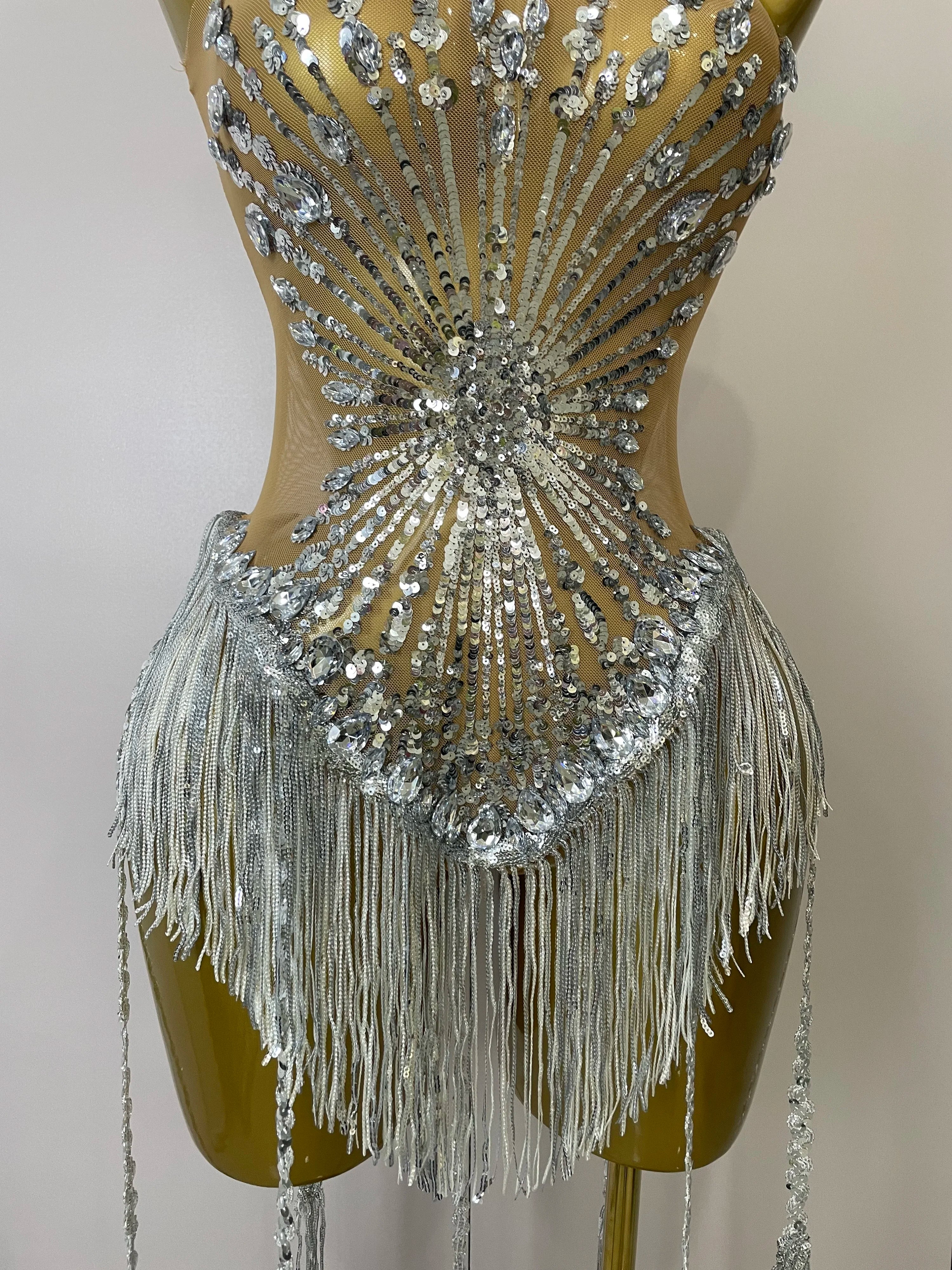 STOCK Sliver Sequins Shining Diamonds Sexy Mesh Long Tassel Bodysuit Women Nightclub Party Birthday Stage Performance Costume