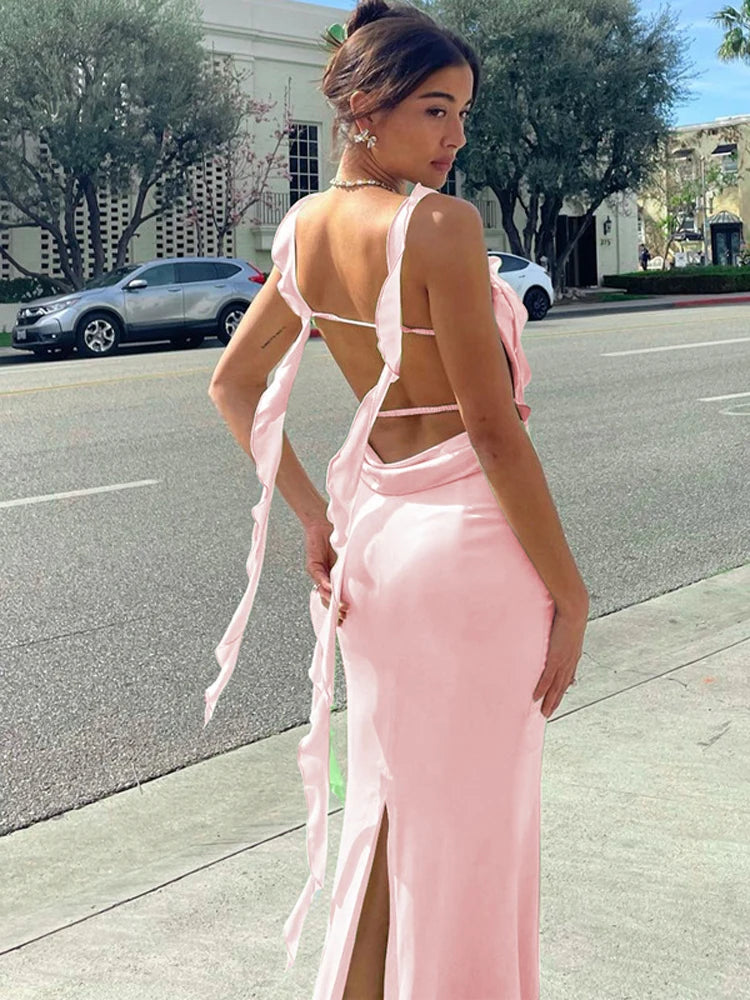 Ladies Summer Ruffle Y2K Clothes Sleeveless Backless Bandage Bodycon Maxi Dresses For Women Fashion Birthday Party Club Wear Pink