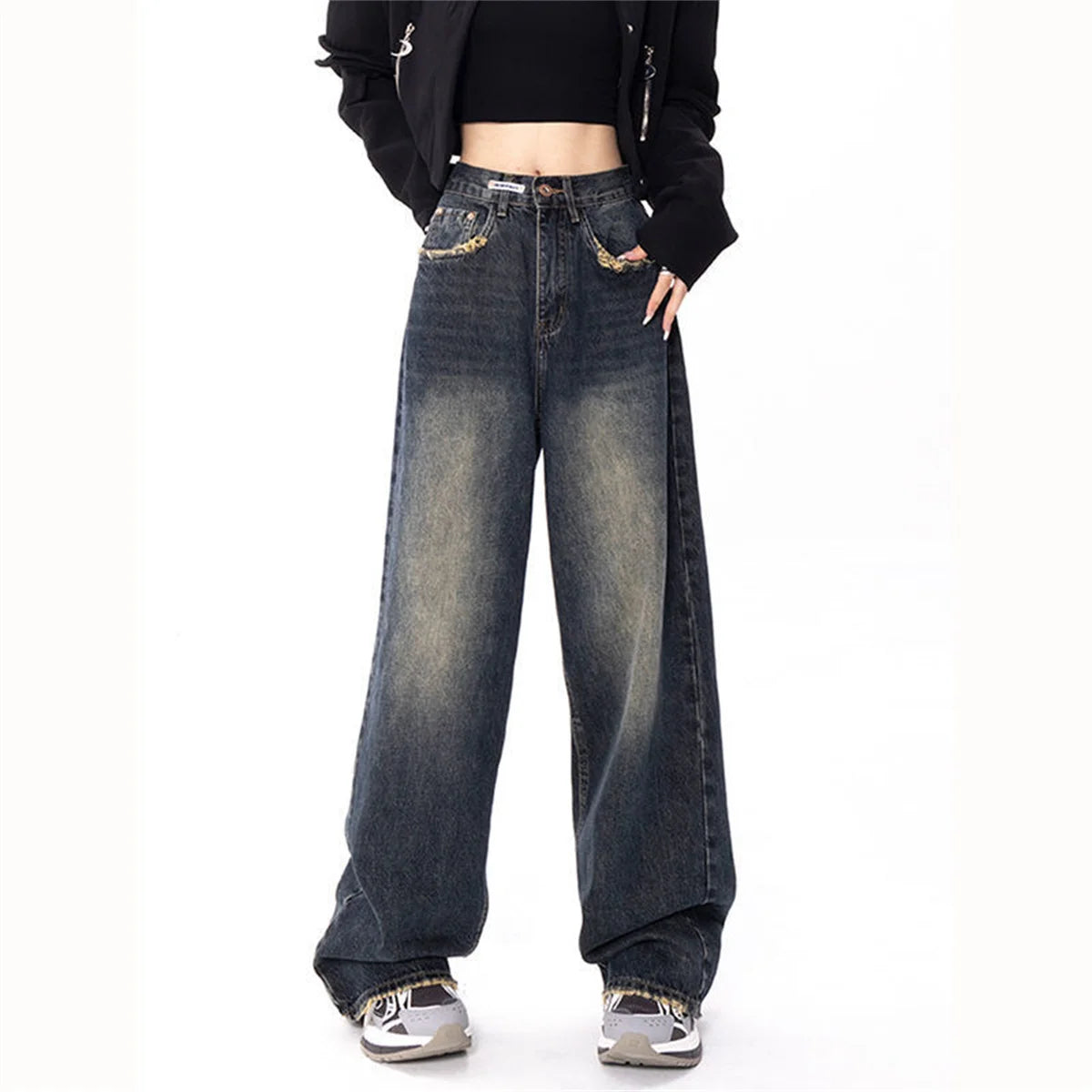 Y2K Cargo Jeans Pants Women Street Loose Oversize Panelled Pentacle Raw Hem Pant 2024 Vintage Blue Hip Hop Female Denim Trousers