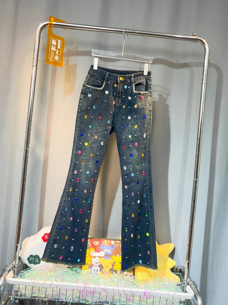 Exquisite Rhinestone Beaded Black Bell-Bottom Pants Women's Autumn Winter Jeans High Waist All-Matching Denim Blue Pants