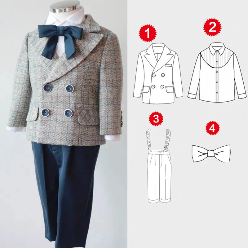 Suit for Kids Wedding autumn and winter Lattice Jacket black Pants braces Boys Blazer Casual Clothes Baby 1-8 Years Outfit MULTI