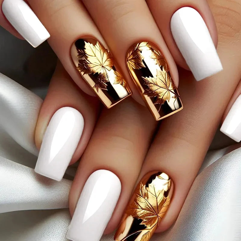 24Pc Retro Gold False Nails Mid-length Square Ballet Acrylic Press on Nails with Maple Leaves Designs Fake Nails with Jelly Glue