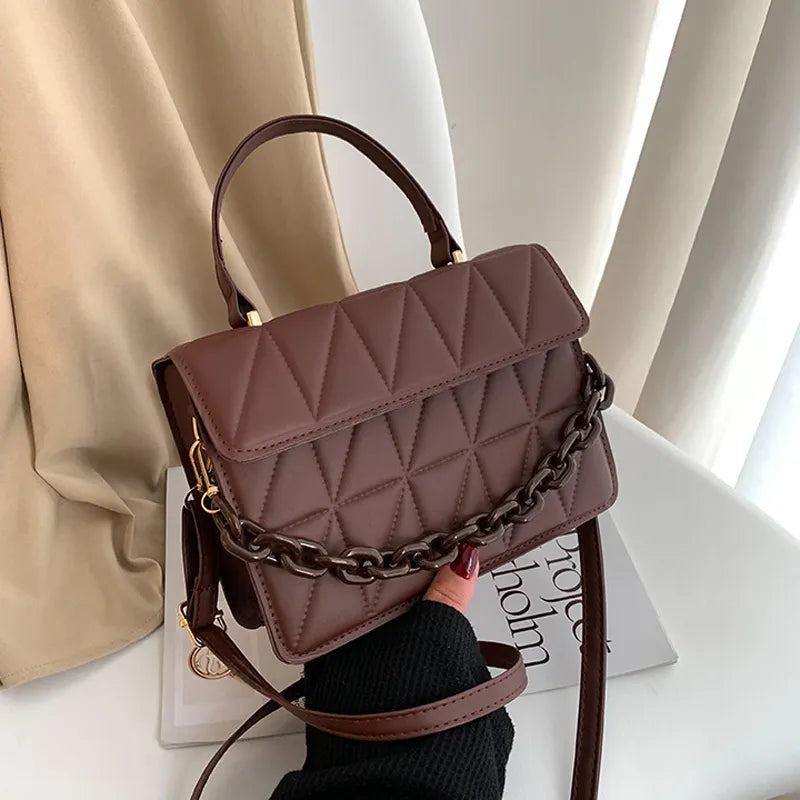 Solid Plaid Crossbody Bags For Women, Chain Decor Fashion Shoulder Bag Ladies Handbag