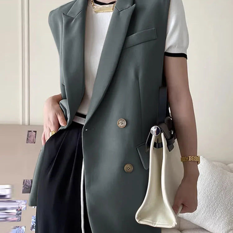 Fashion Women Vests Korean Style Sleeveless Casual Blazer Elegant Peak Lapel Suit Coats Oversize OL Black Vests