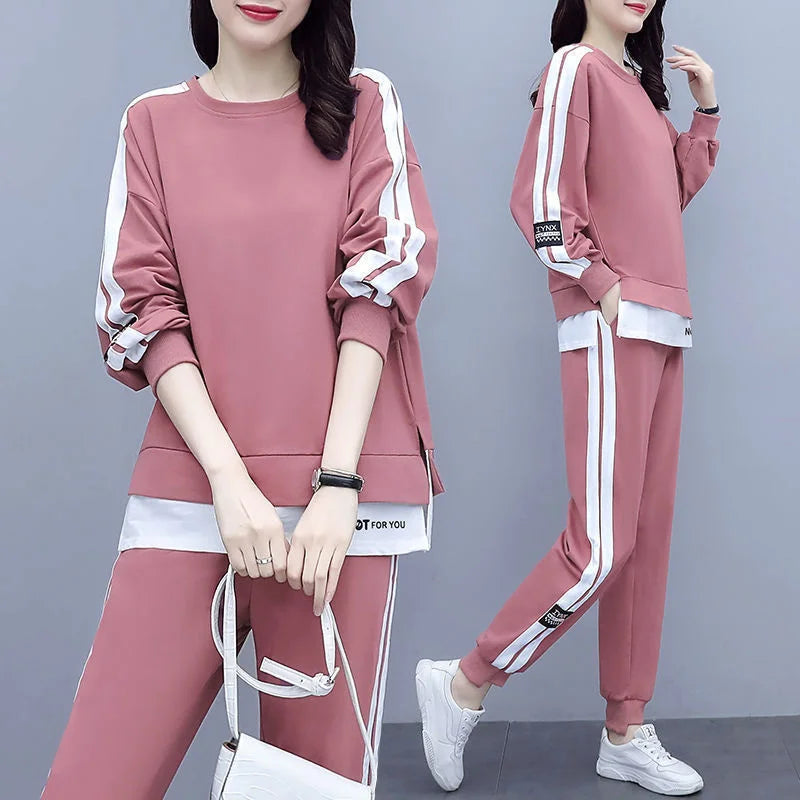 Women's Large Sweat Suit 2025 Spring Autumn New Plus Size Clothing Elegant Fashion Tops T-shirt Pants 2 Two Piece Sets For Women