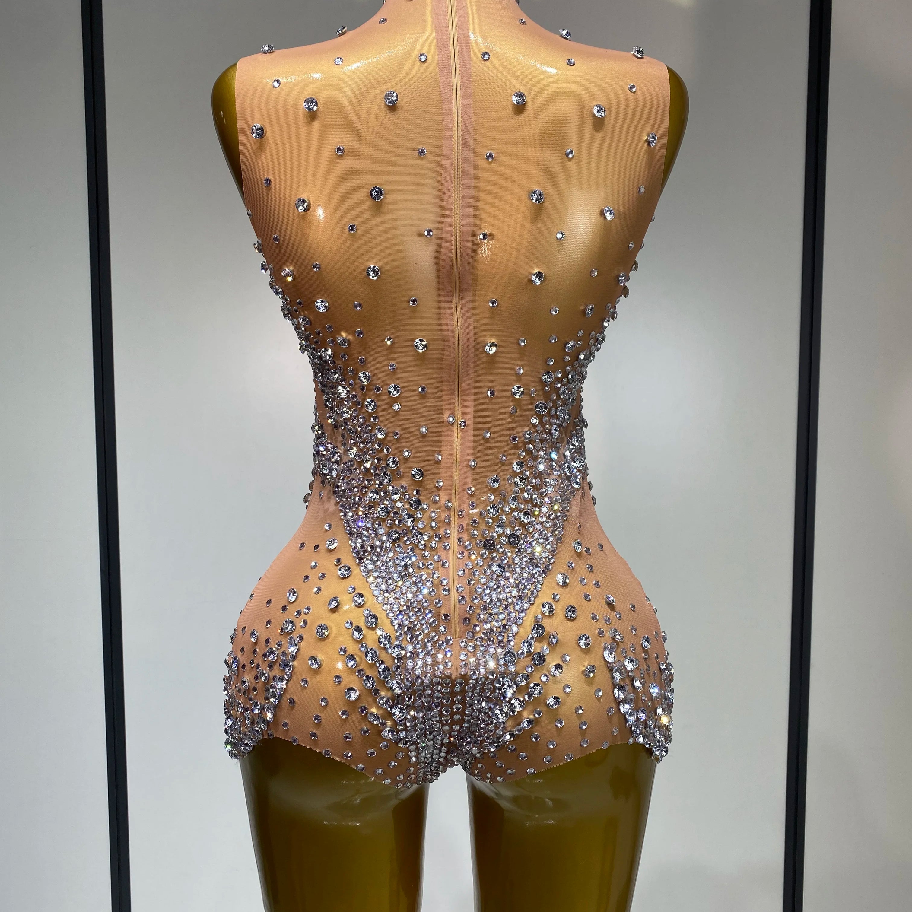 Women Sexy See Through Crystal Bodysuits Luxury Birthday Dancer Stage Performance Wear Mesh Sparkly Rhinestone Nightclub Outfit