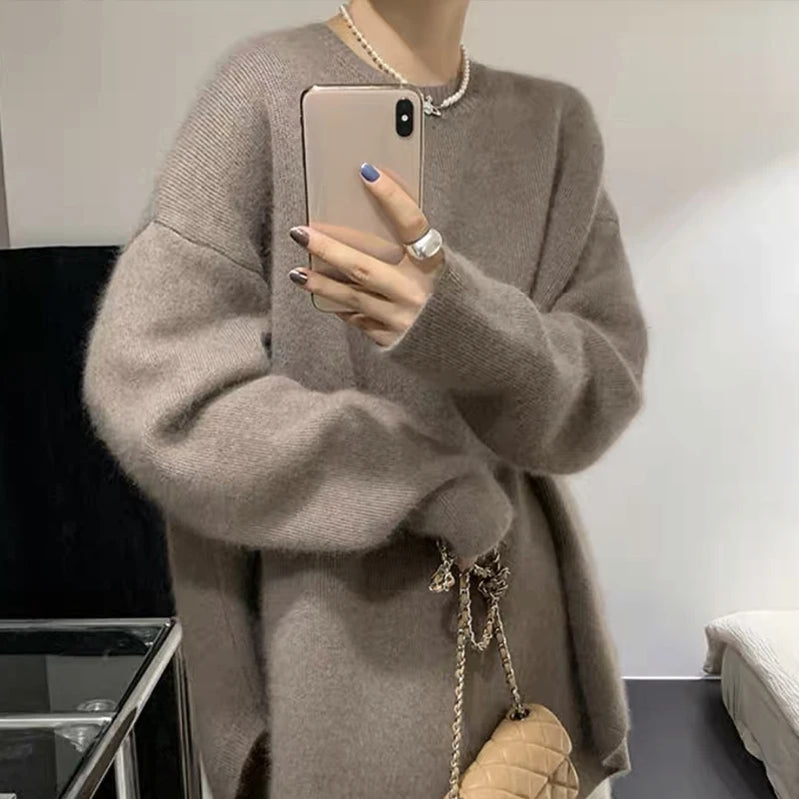 Fashion Knit Pullover for Women Sweet O-neck Fluffy Sweater Female Spring Autumn Soft Elegant Long Sleeve Ladies Knitwear Khaki One Size
