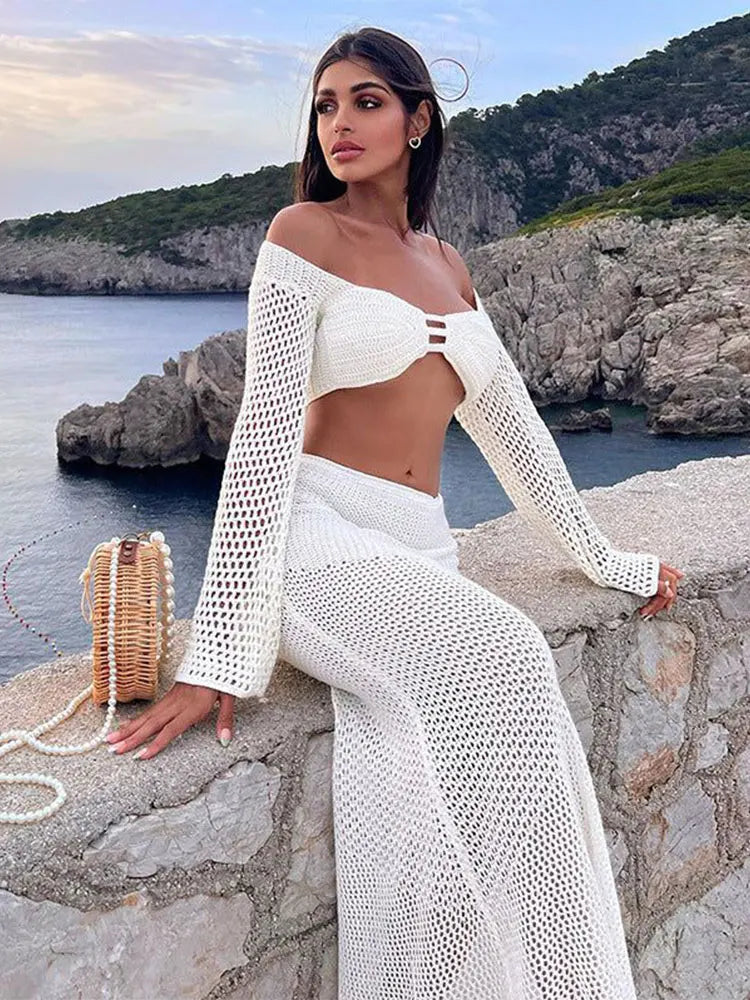 Summer Women's New White Tethered Long-sleeved Hip Casual Hollow Out Knitted Long Skirt Suit Bikini Cover Up Beach Dress A1882