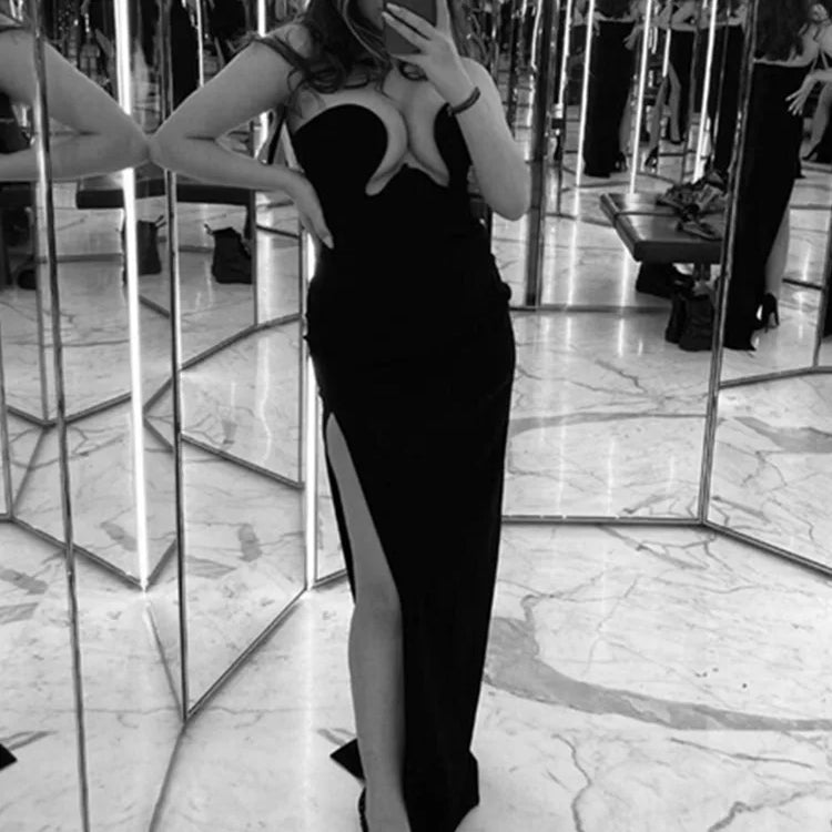 Vestido longo preto longo com alças e fenda, sexy, sem alças, justo, bandagem, elegante, para festa à noite, clube, inverno 2022