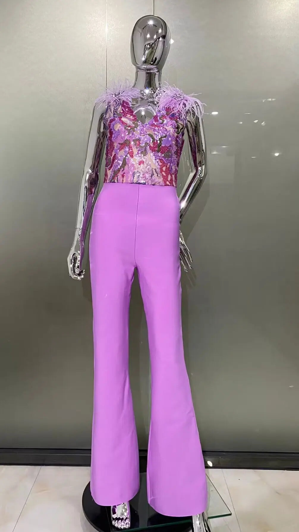 High Quality Gorgeous Feathers Shining Sequins Sexy V-Neck Sleeveless Violet Jumpsuit Graceful Woman Evening Party Outfit