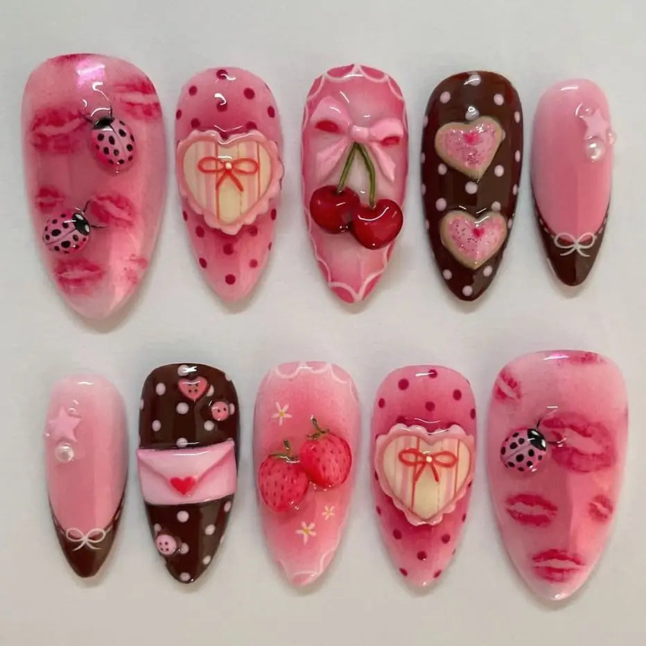 24pcs Sweet Almond Press on Nails y2k Fruit Bow Print False Nail Tips Wearable Spicy Girl Sweet Cool 2D Pattern Fake Nails