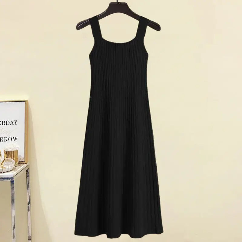 Women's Autumn Winter Knit Dress Two Piece Fashion Cross Sweater+Suspended Skirt Matching Set Korean Elegant Chic Suit Black Dress