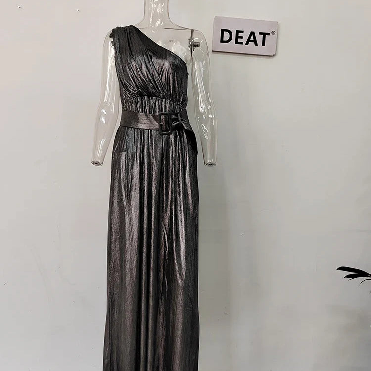 DEAT Fashion Women's Dress New Solid Diagonal Collar Sleeveless One Shoulder High Waist Split Dresses Female Summer 17A2407 Ice Silver 1