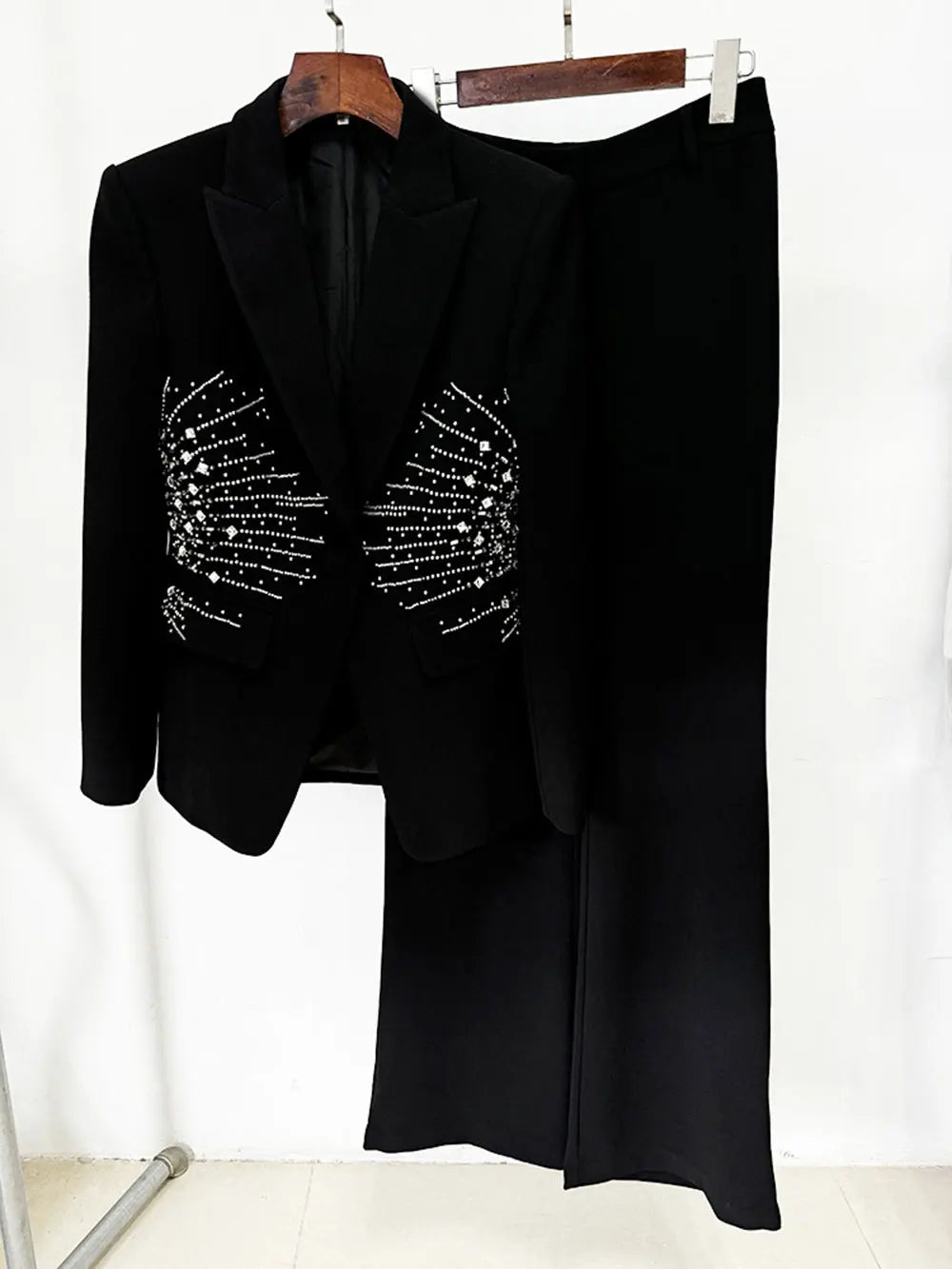 2024 Elegant Women's Light Luxury Diamond Design Suit Pants Set with Collar Long Sleeve Slim Fit Suit Coat+Two Piece Pants Set
