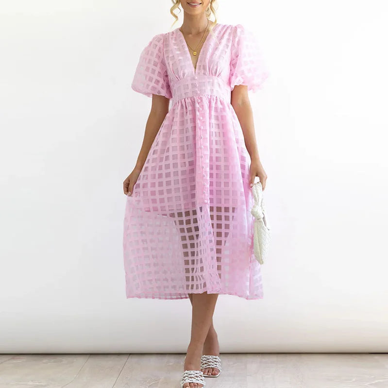 Summer Multicolor Lantern Short Sleeve Long Dress Elegant Ladies Solid V Neck Big Hem Dress Fashion Mesh Plaid High Waist Dress Pink