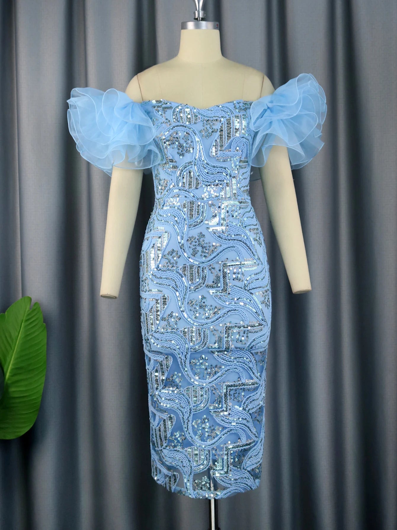 Embroidery Sequins Dresses for Women Plus Size 4XL Blue Luxury Off Shoulder Glitter Ruffles Cocktail Wedding Party Prom Outfits