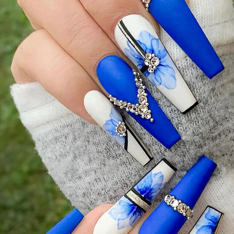 24Pcs Glitter Long Coffin French False Nails with Blue Rhinestone Design Removable Wearable Ballet Press on Nails Manicure