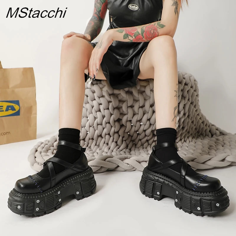 Punk Style Flat Platform Shoes Rivet Buckle Strap Mary Janes Cross Belt Black Leather Thick Bottom Shoes Women Sandals Summer