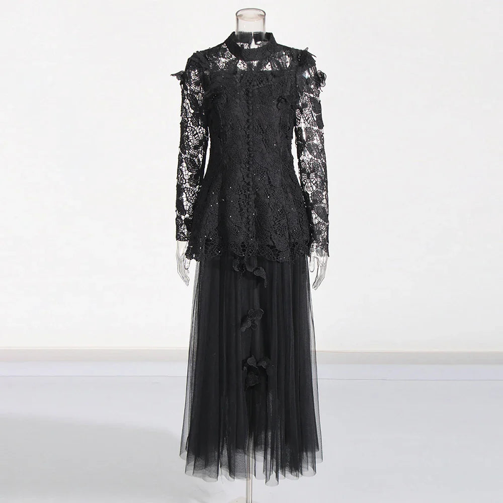 Solid Two Piece Sets for Women Stand Collar Long Sleeve Spliced Applique Top High Wasit Patchwork Mesh Skirt Female