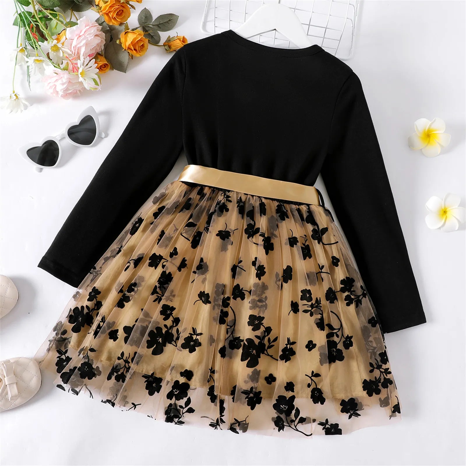 Kid Girl Dresses Floral Embroidered Belted Mesh Splice Long-sleeve Dress Kids Clothes