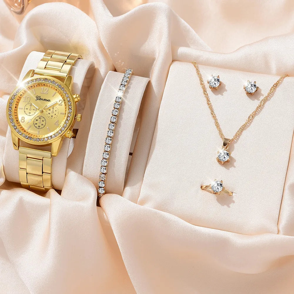 6PCS Set Luxury Watch Women Ring Necklace Earrings Rhinestone Fashion Wristwatch Female Casual Ladies Watches Bracelet Set Clock 6PCS Gold Set
