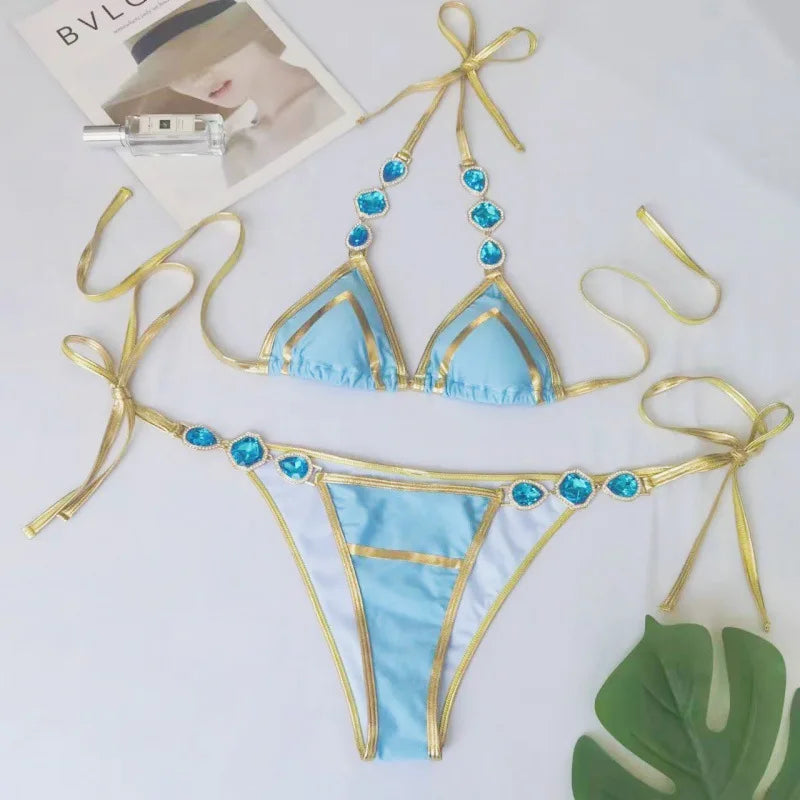 Sexy Rhinestones Bikinis Set Women Swimwear Solid Color Swimsuit Crystal Shinning Diamond Bathing Suit Biquini Beachwear YC8004B1